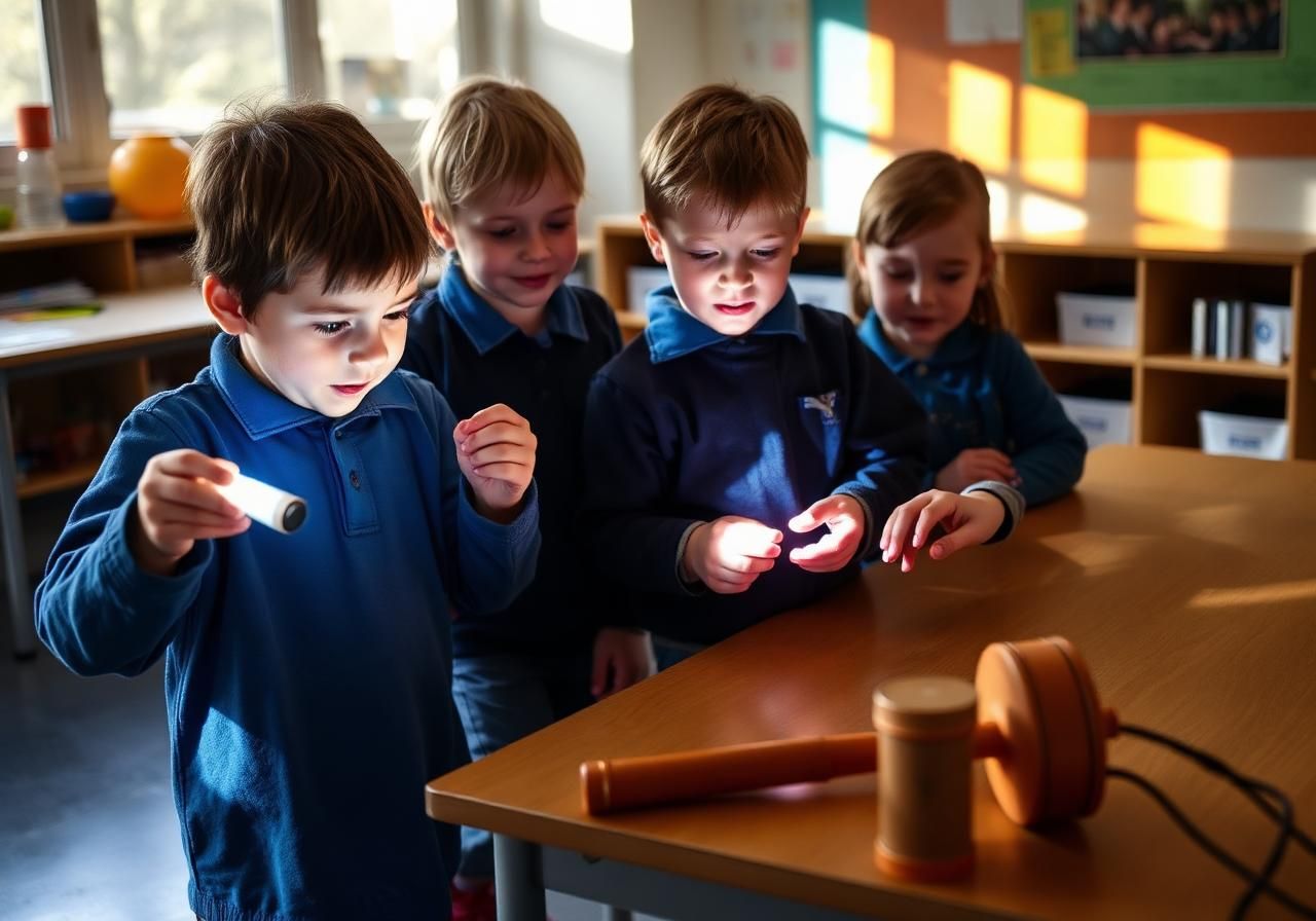 Students investigating light and sound with hands-on equipment